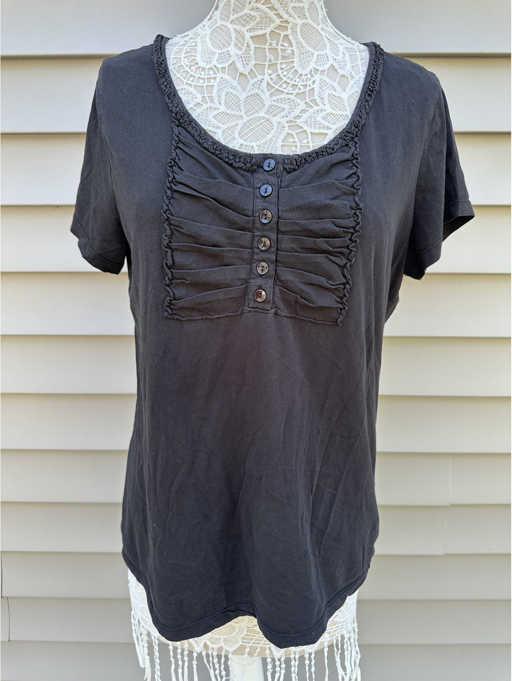 DKNY Jeans Black Short Sleeve Top with Button and Ruched Detail